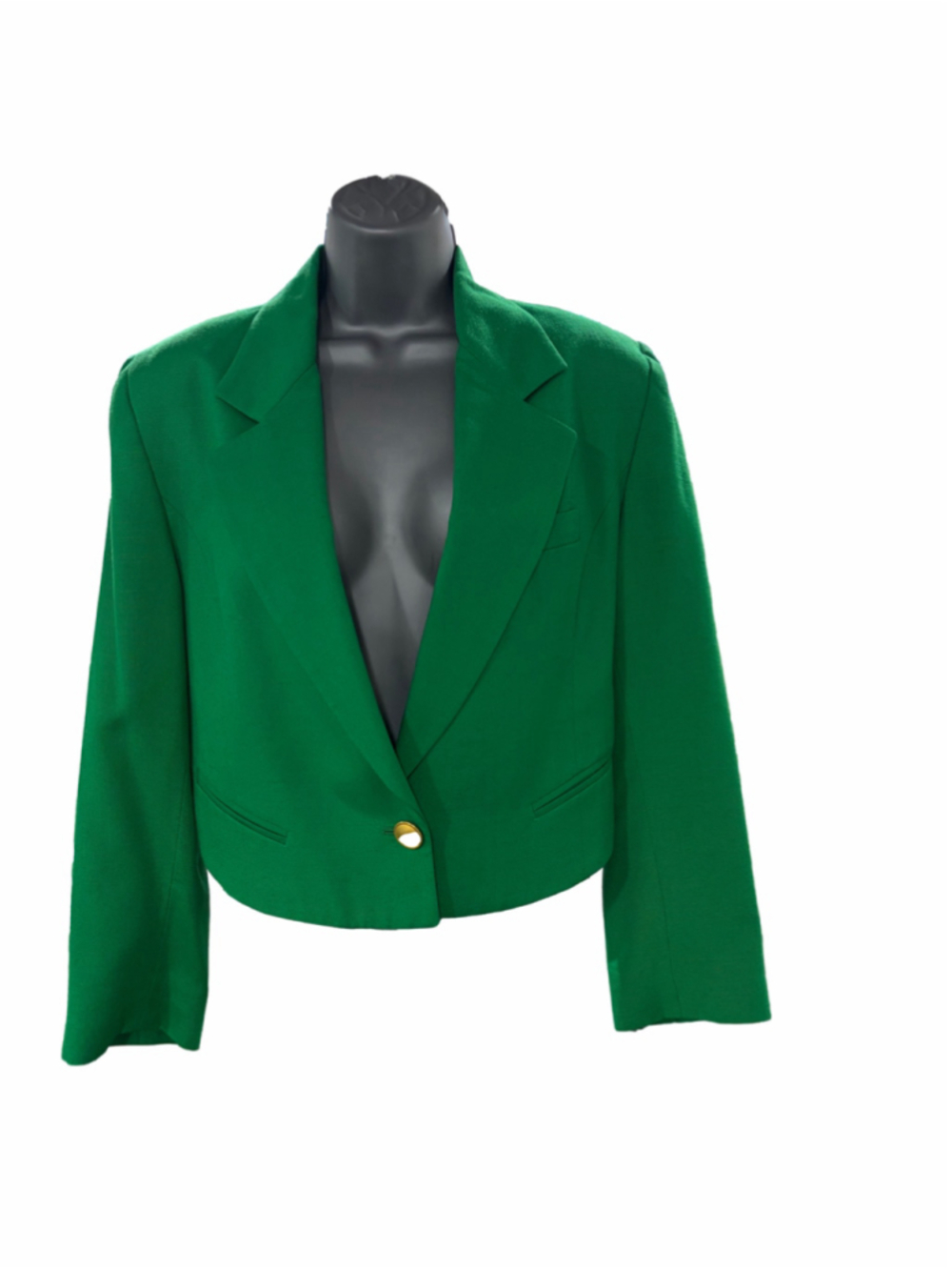 Vintage 80s Power Suit Blazer Kelly Green Cropped Gold Button, Size 8 petite